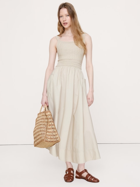 Crochet & Cotton Poplin Mixed-Media Midi Dress