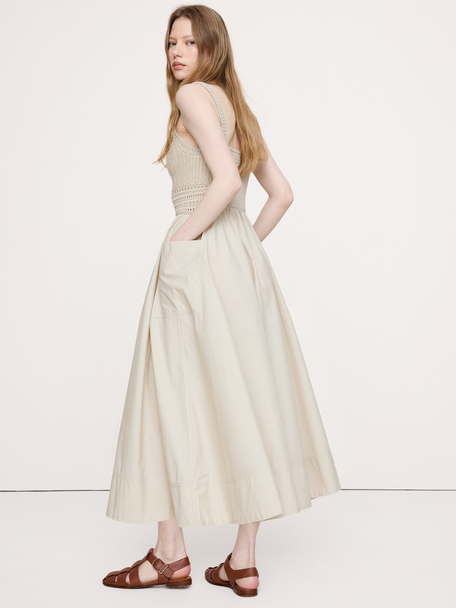 Image number 3 showing, Crochet & Cotton Poplin Mixed-Media Midi Dress