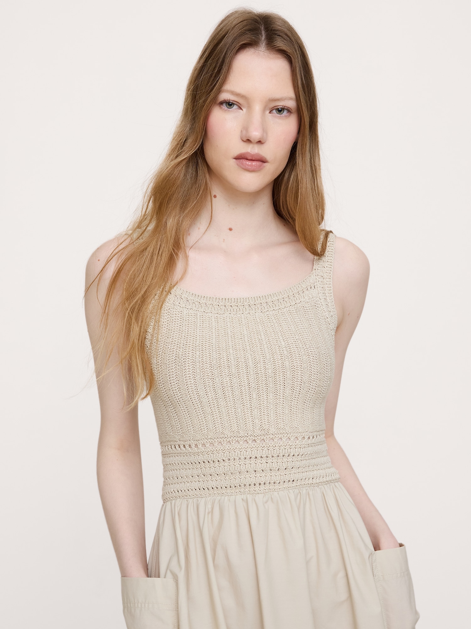 Image number 4 showing, Crochet & Cotton Poplin Mixed-Media Midi Dress
