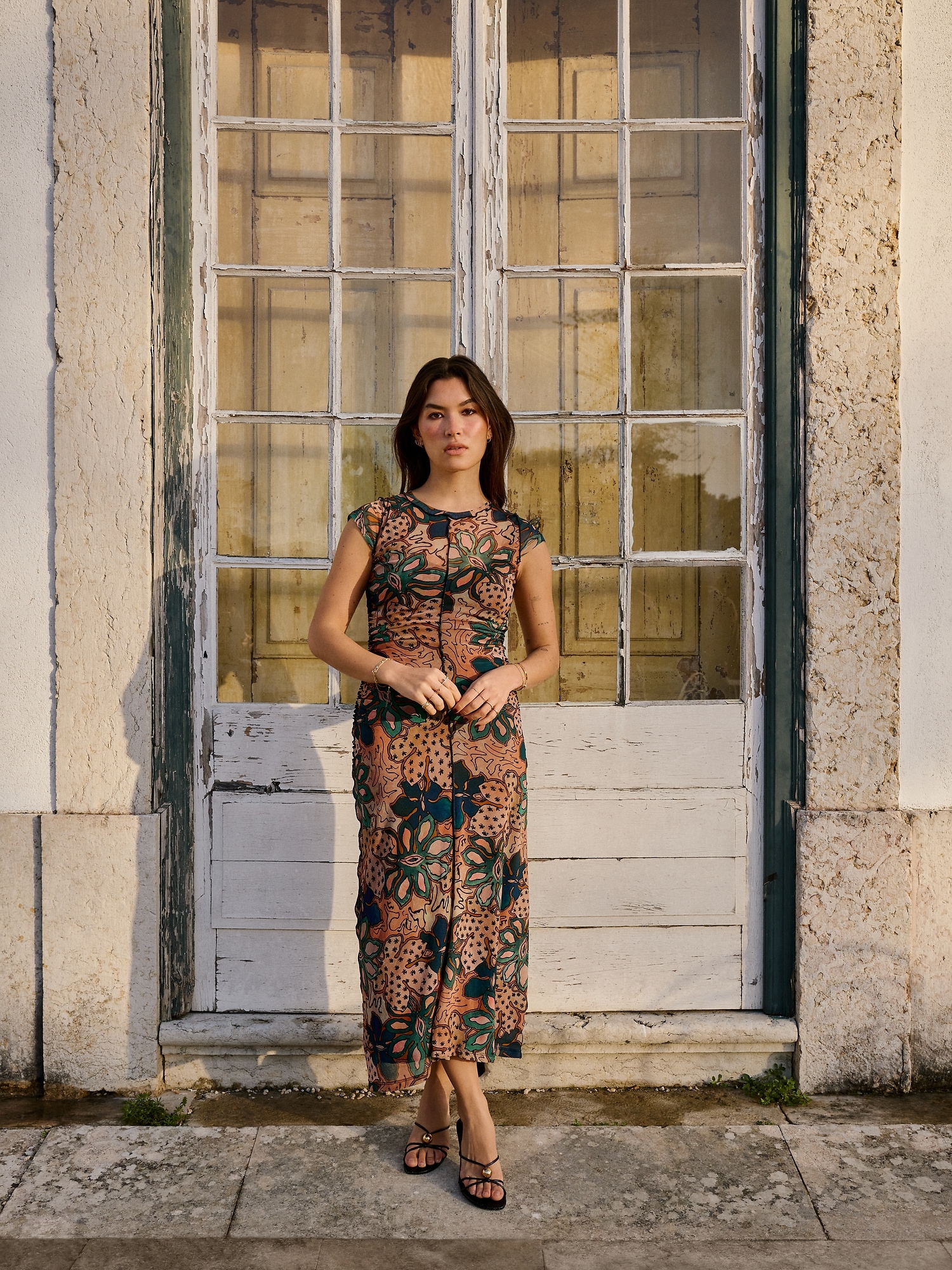Image number 6 showing, Ruched Mesh Short-Sleeve Midi Dress