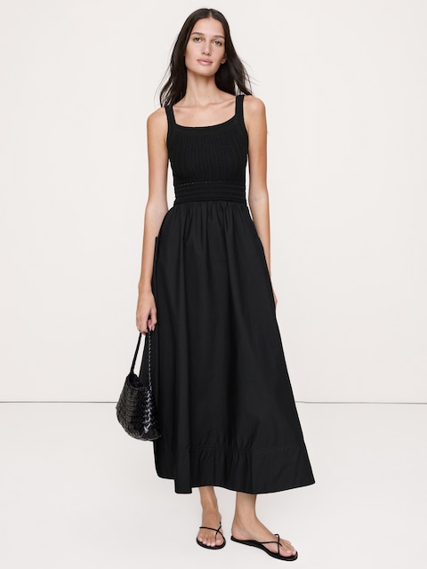 Crochet & Cotton Poplin Mixed-Media Midi Dress