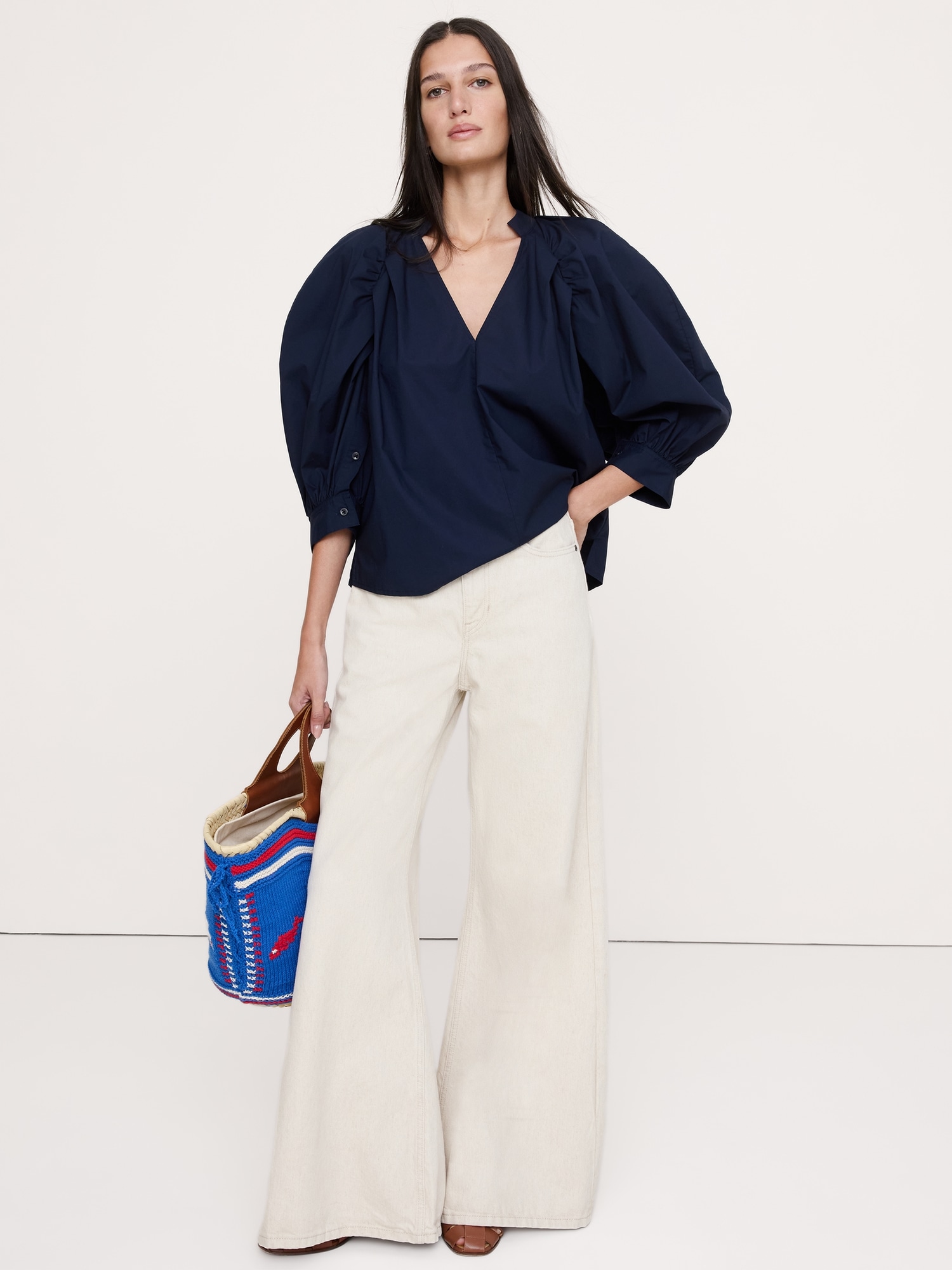 Image number 1 showing, Cotton Poplin Split-Neck Top