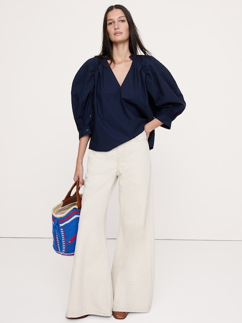 Cotton Poplin Split-Neck Top