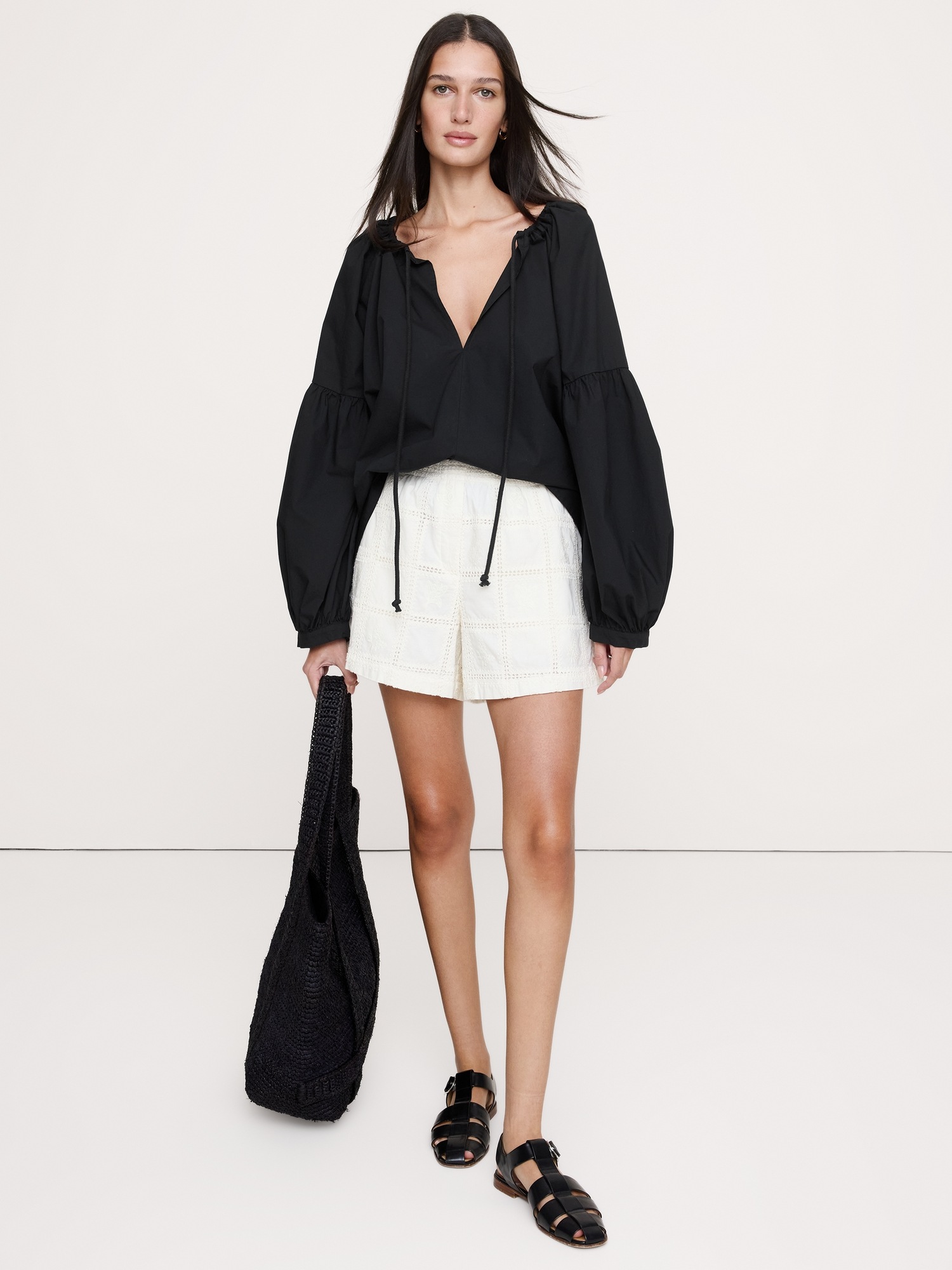 Женский топ Banana Republic Cotton Poplin Drawstring Top, цвет: Чёрный — фото 3