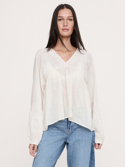Embroidered Linen-Cotton Top