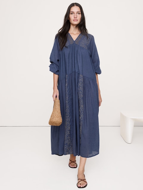 Linen-Cotton Trapeze Maxi Dress