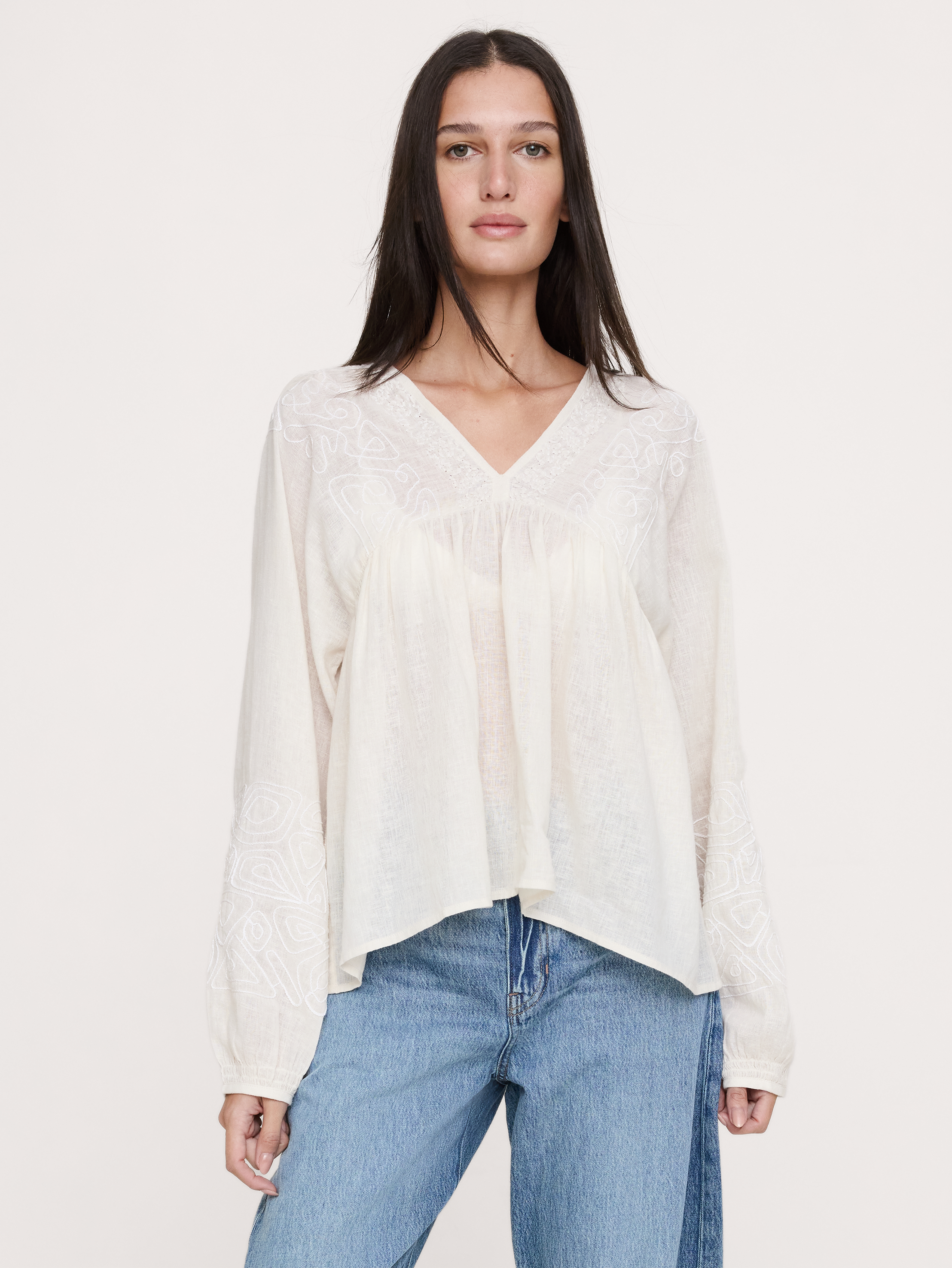 Embroidered Linen-Cotton Top