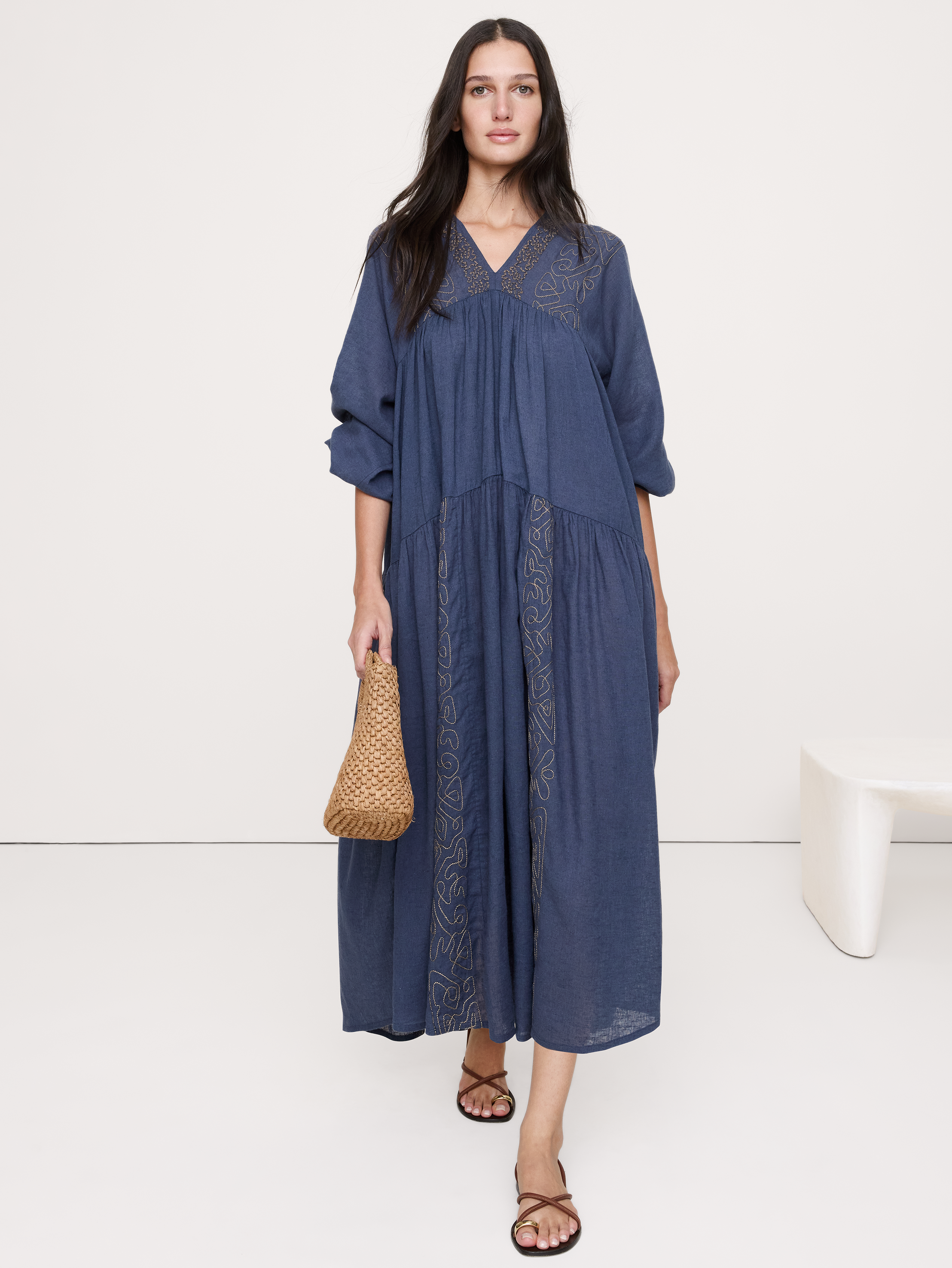 Linen-Cotton Trapeze Maxi Dress