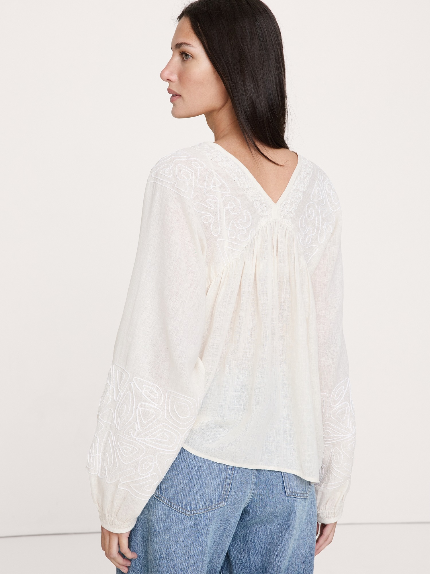 Женский топ Banana Republic Embroidered Linen-Cotton Top, цвет: Кремовый белый — фото 2