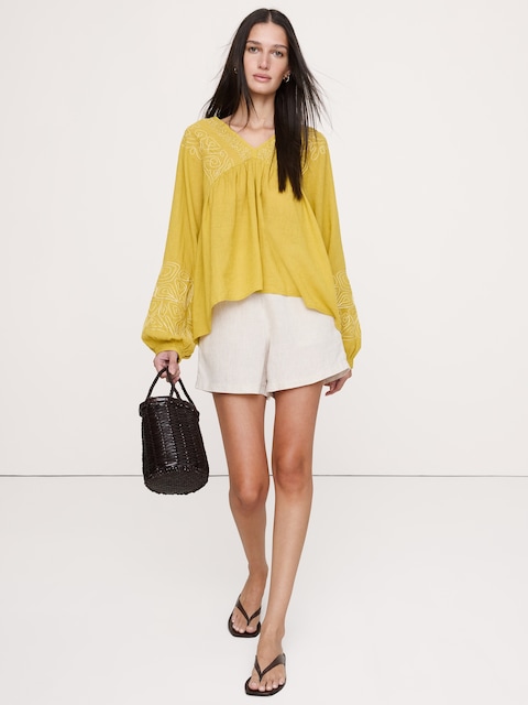 Embroidered Linen-Cotton Top