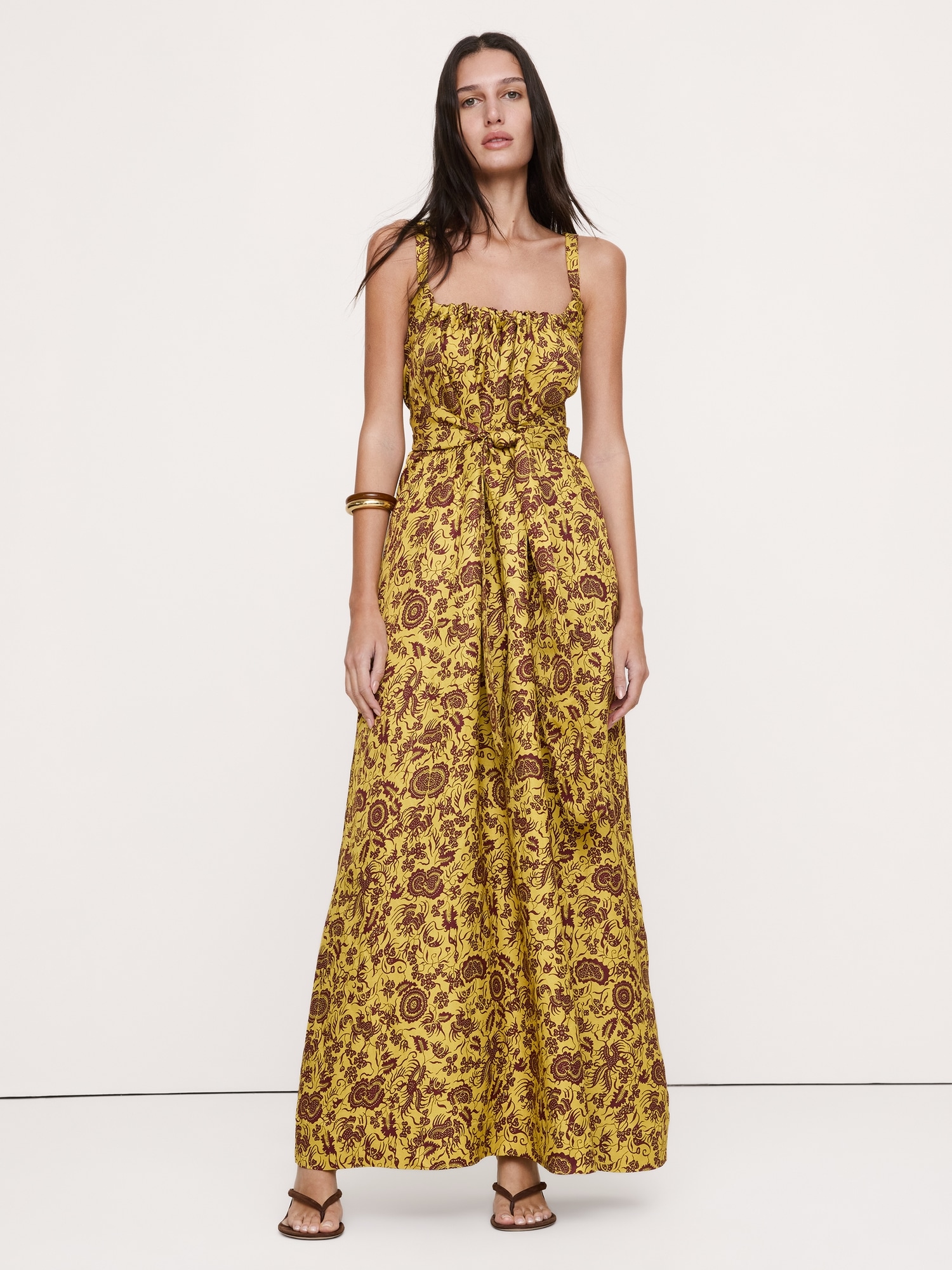 Image number 1 showing, Viscose-Linen Gathered Maxi Dress