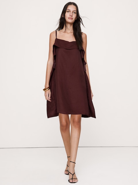 Viscose-Linen Tassel-Trim Mini Dress - Radicchio Burgundy