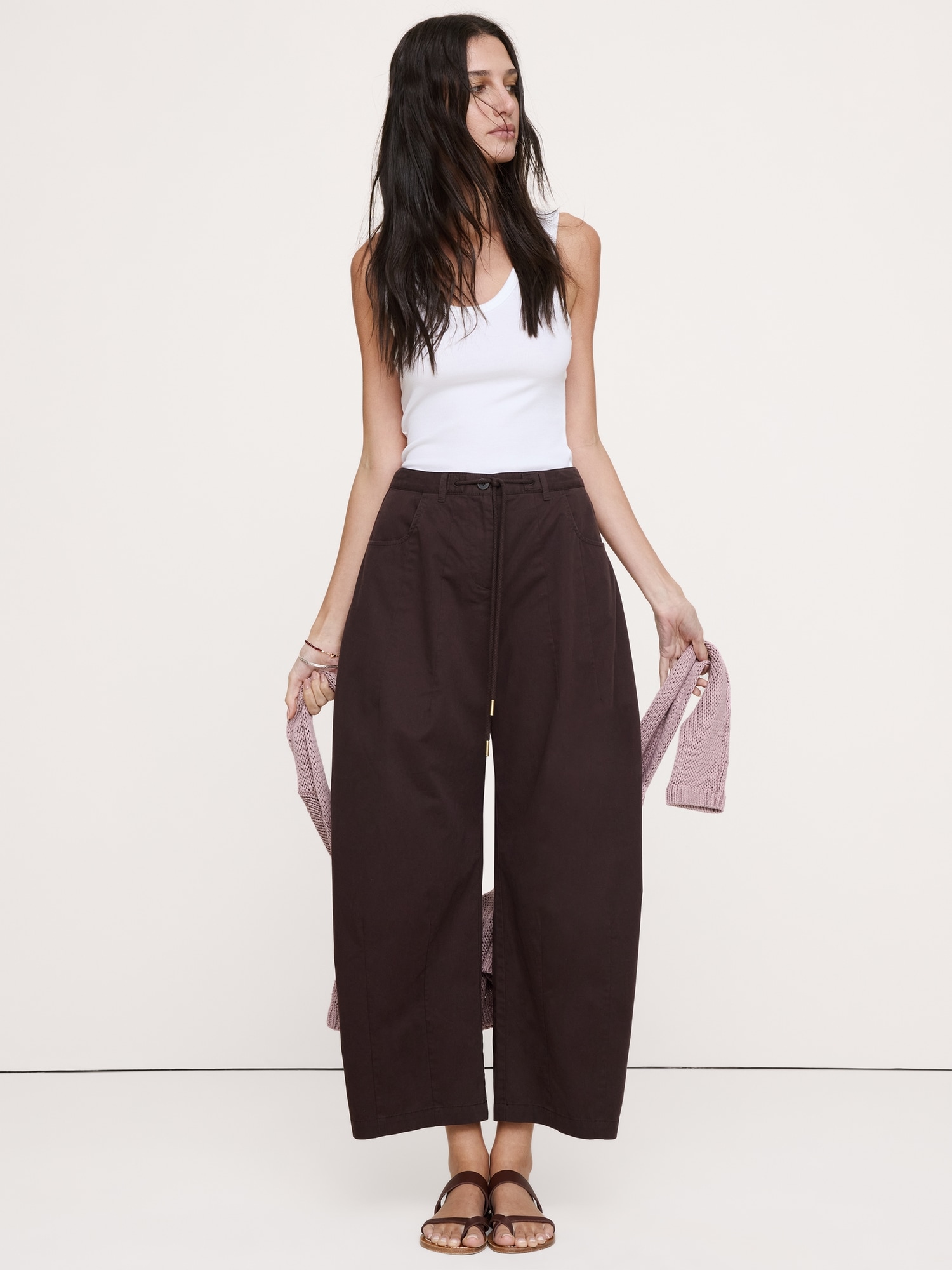 Image number 1 showing, Mid-Rise Barrel Cotton Poplin Pant