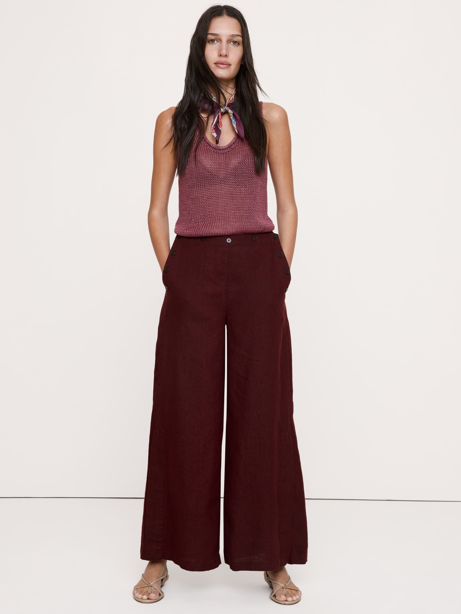 Image number 1 showing, High-Rise Wide-Leg Linen Pull-On Sailor Pant