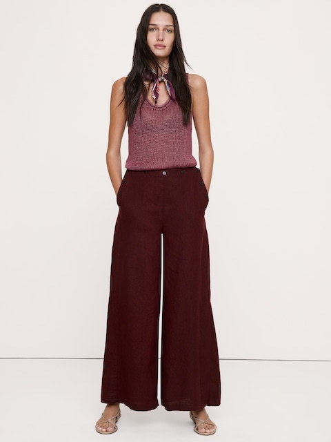 High-Rise Wide-Leg Linen Pull-On Sailor Pant - Radicchio Burgundy