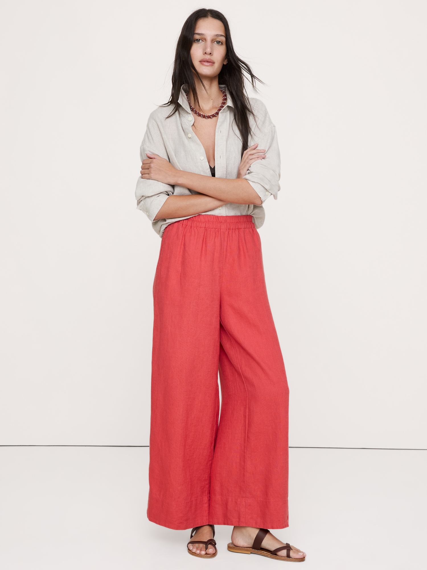 Image number 5 showing, High-Rise Wide-Leg Linen Pull-On Ankle Pant