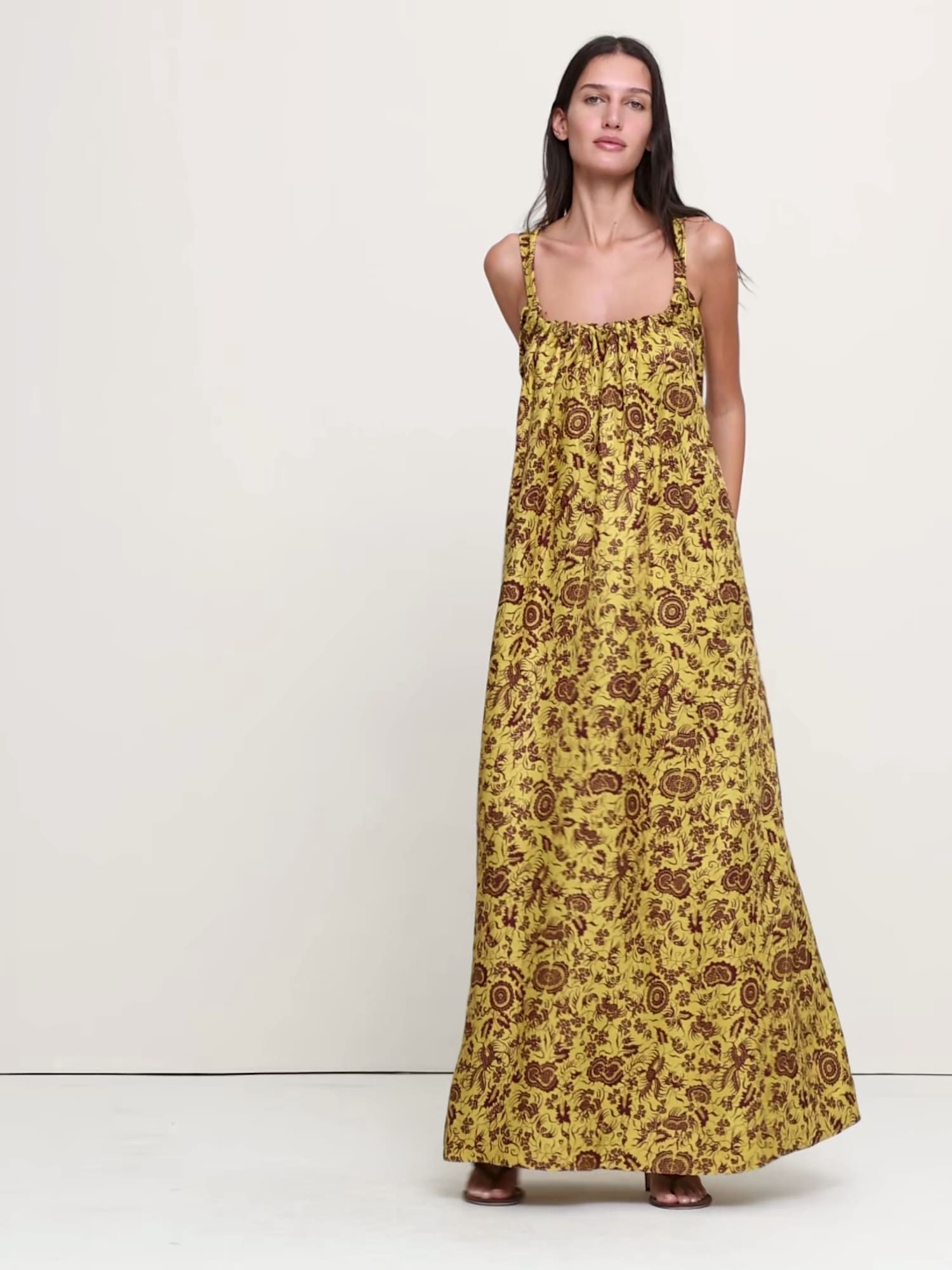 banana republic printed mesh maxi dress 817760002 yellow roses Viscose-Linen Gathered Maxi Dress