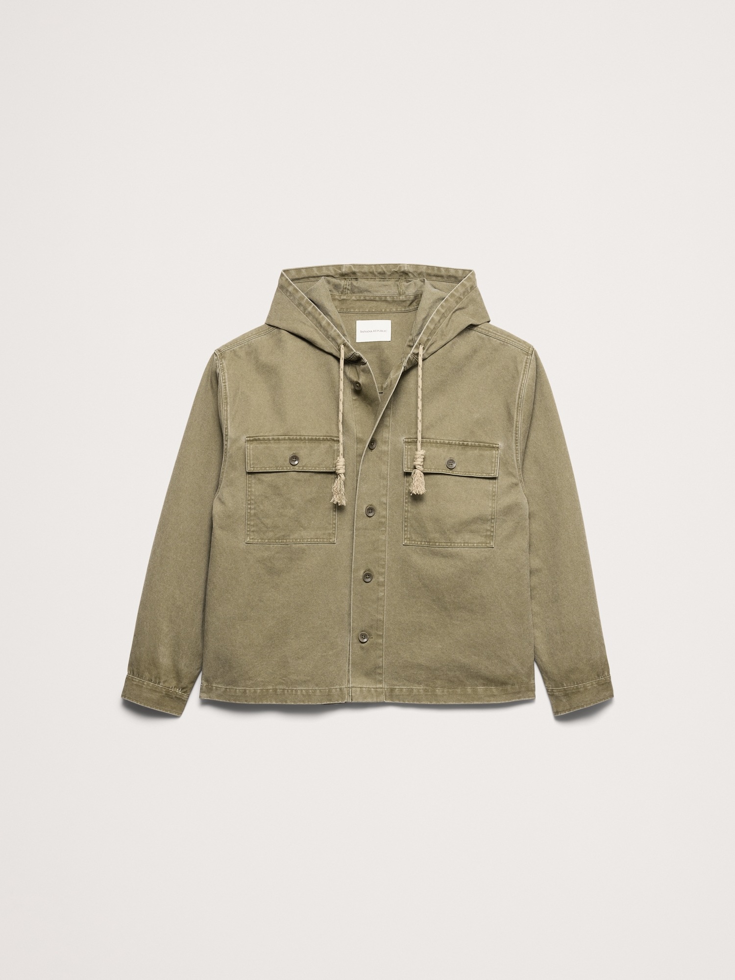 Мужская рубашка Banana Republic Cotton Twill Hooded Overshirt, цвет: Оливковый зелёный — фото 4