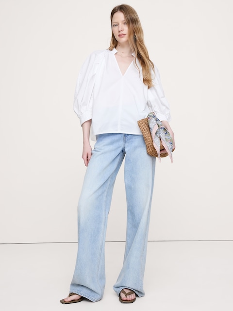 Cotton Poplin Split-Neck Top