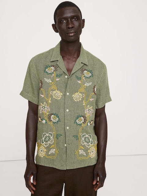 Standard-Fit Embroidered Linen Resort Shirt