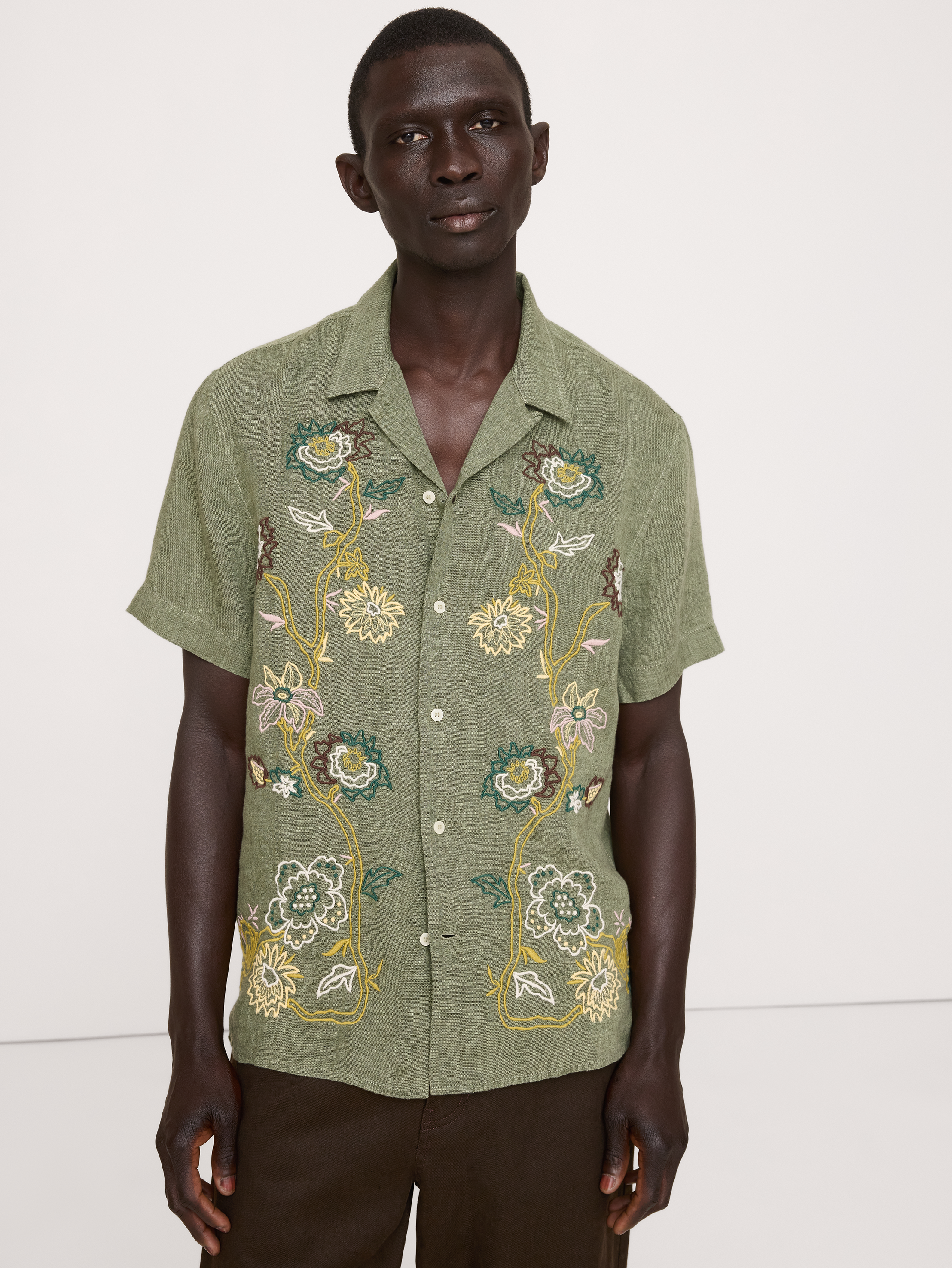 Standard-Fit Embroidered Linen Resort Shirt