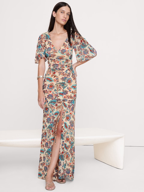 Mesh Flutter-Sleeve Maxi Dress