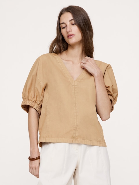 Cotton Twill Puff-Sleeve Top