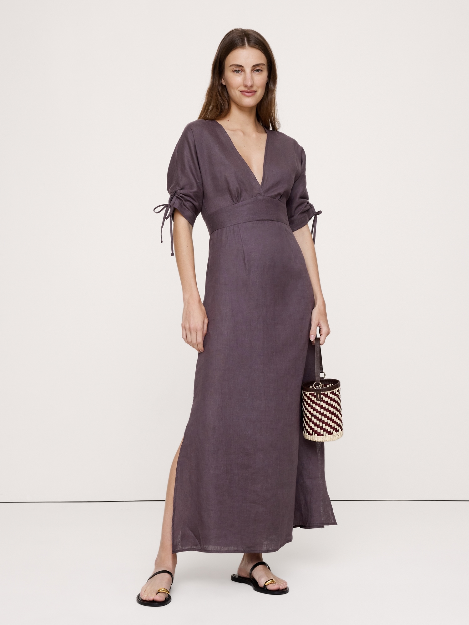 Image number 1 showing, Linen Tie-Sleeve Midi Dress