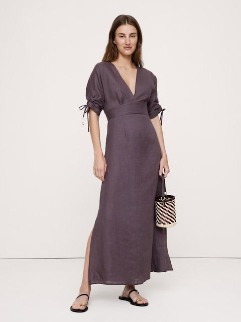Linen Tie-Sleeve Midi Dress