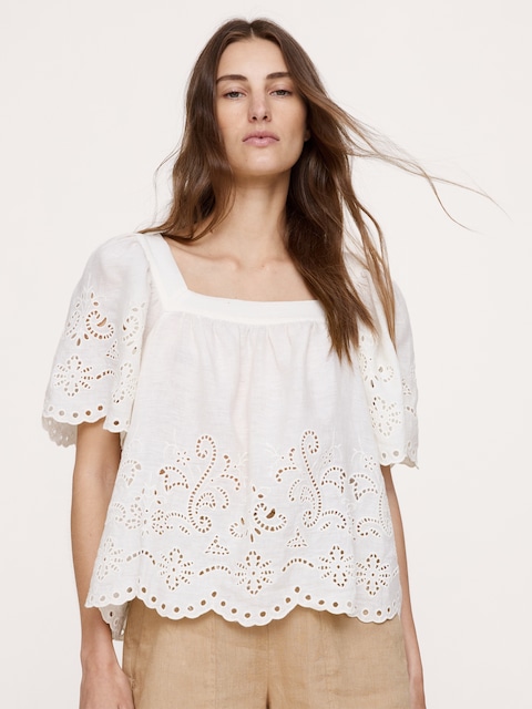 Linen Eyelet Square-Neck Top