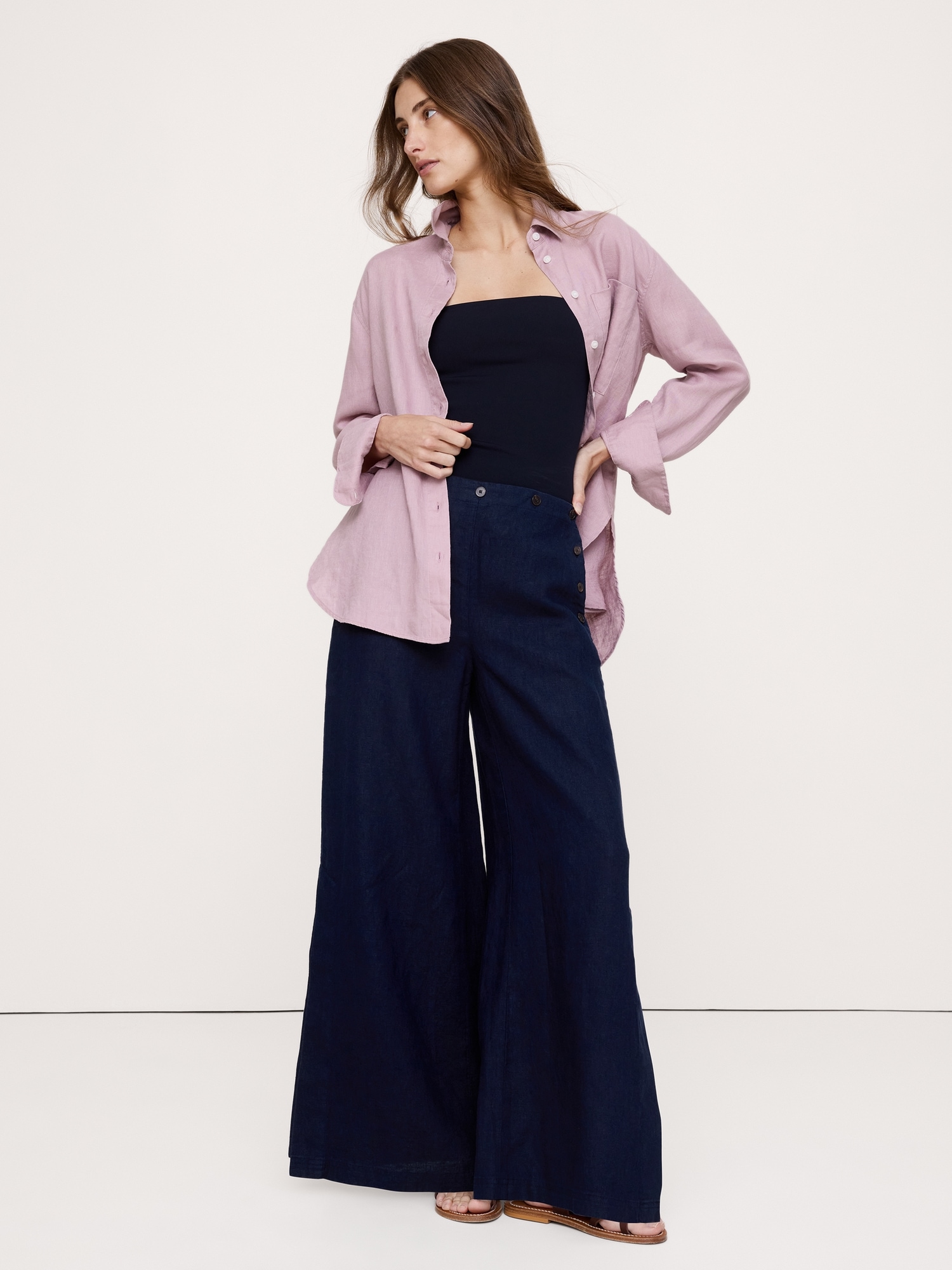 Image number 1 showing, High-Rise Wide-Leg Linen Pull-On Sailor Pant