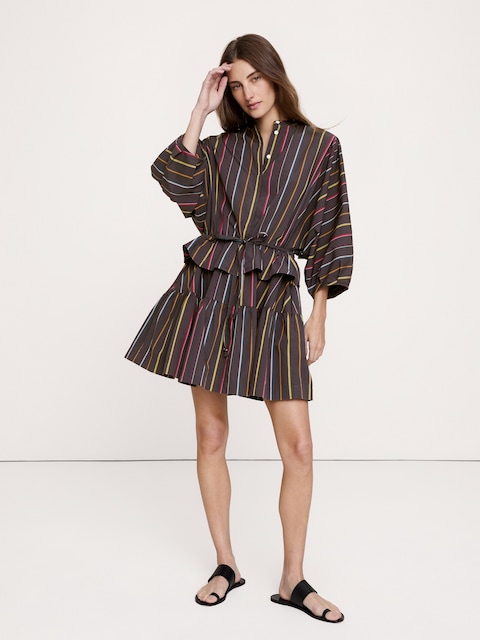 Cotton Poplin Drawstring-Waist Mini Dress