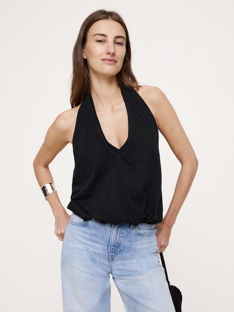 Slub Cotton Bubble-Hem Halter Tank