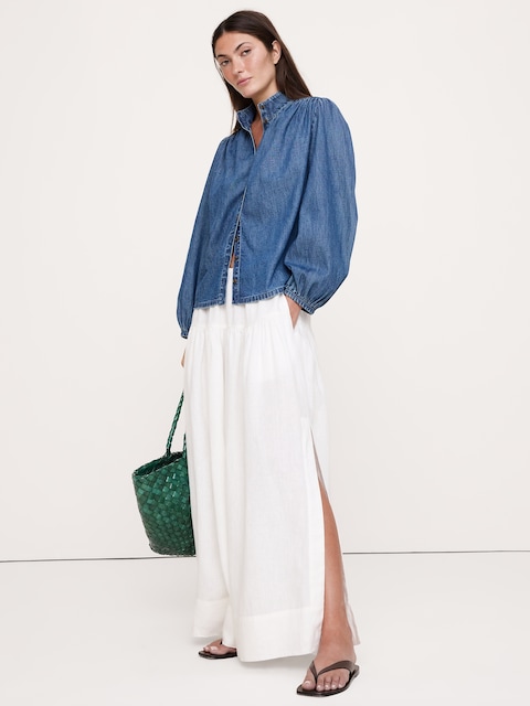 Denim Ruched-Shoulder Shirt