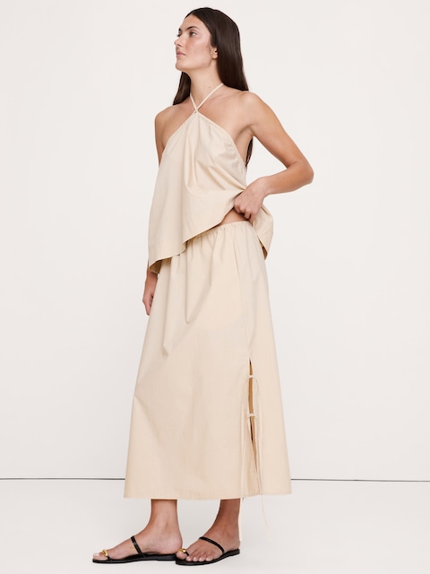 Cotton Poplin Side-Tie Midi Skirt