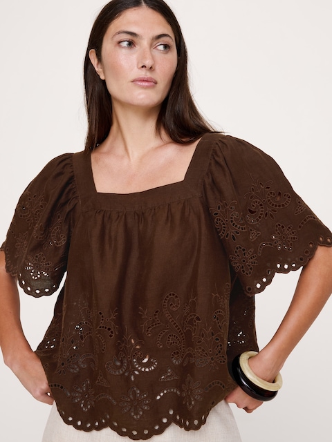 Linen Eyelet Square-Neck Top