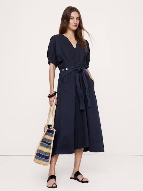 Cotton Twill Puff-Sleeve Midi Dress