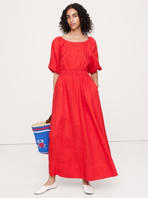 Linen Puff-Sleeve Maxi Dress