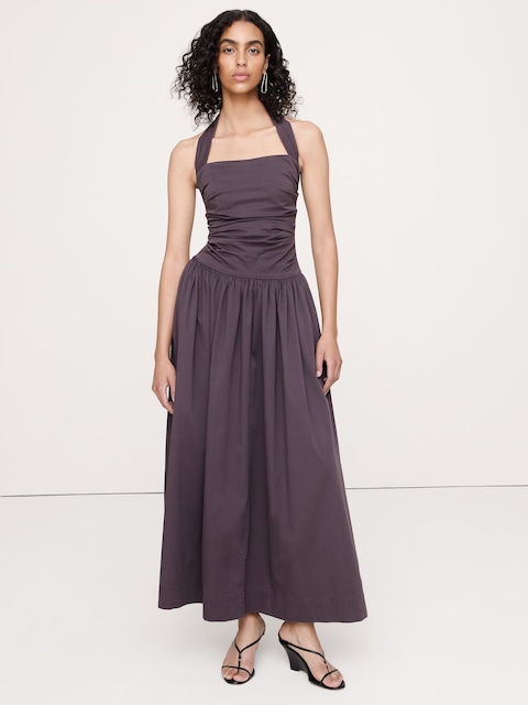 Stretch-Cotton Halter Maxi Dress