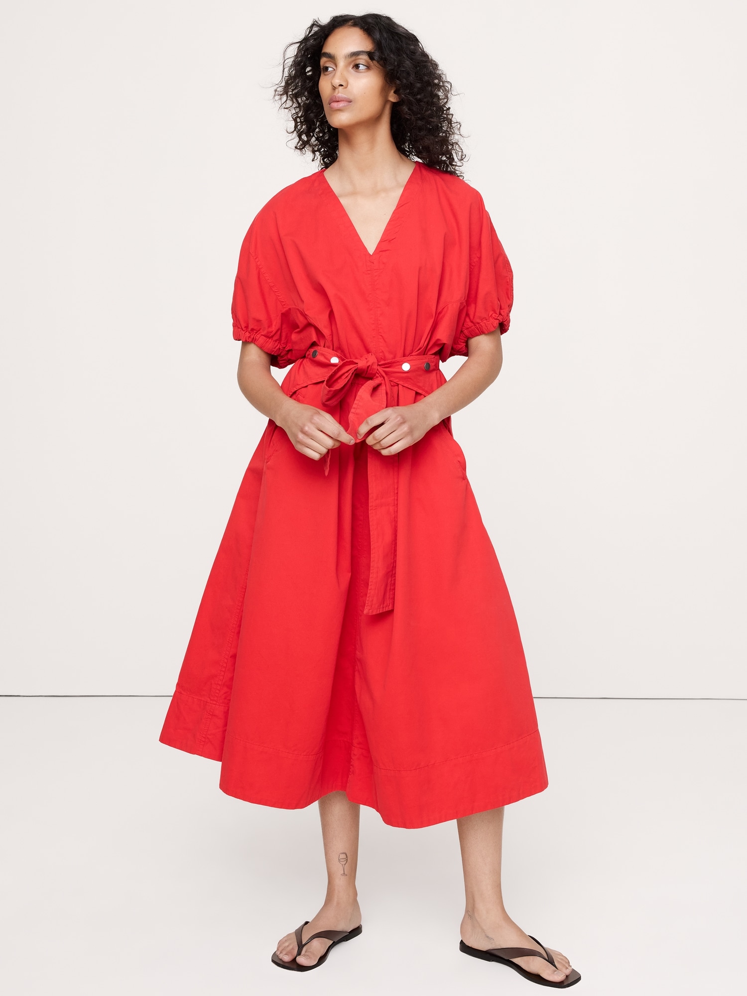 Image number 1 showing, Cotton Twill Puff-Sleeve Midi Dress