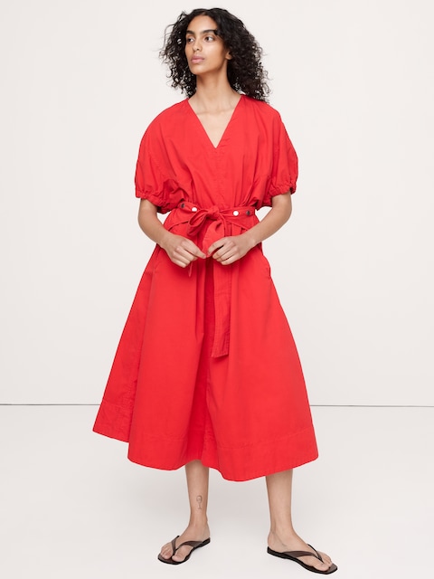 Cotton Twill Puff-Sleeve Midi Dress