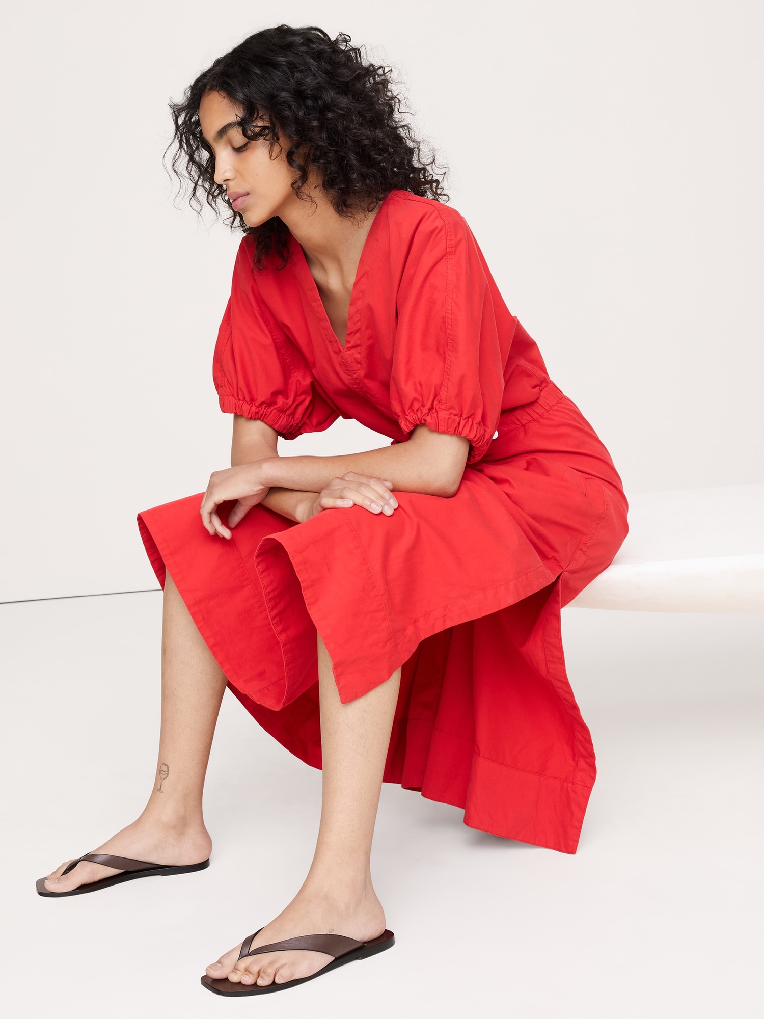 Image number 6 showing, Cotton Twill Puff-Sleeve Midi Dress