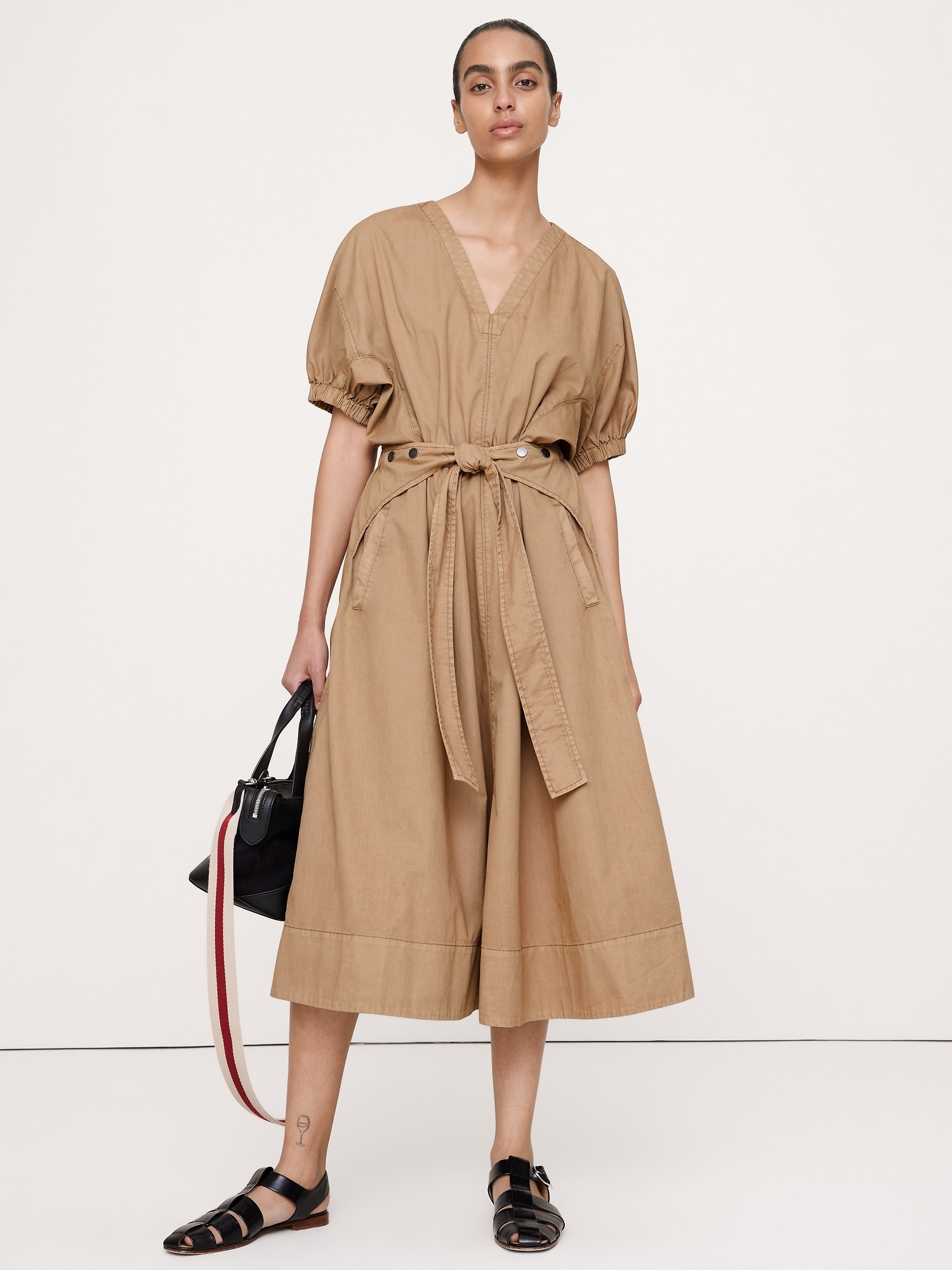 Image number 1 showing, Cotton Twill Puff-Sleeve Midi Dress
