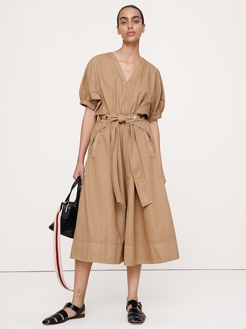Cotton Twill Puff-Sleeve Midi Dress