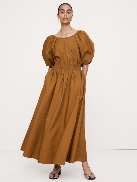 Cotton Poplin Puff-Sleeve Maxi Dress