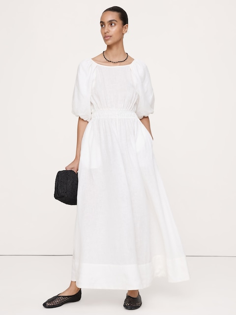 Linen Puff-Sleeve Maxi Dress