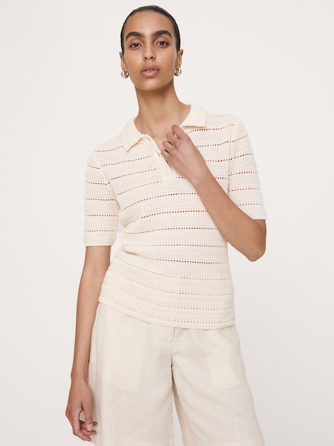Crochet Stripe Cotton Sweater Polo - Merengue Off