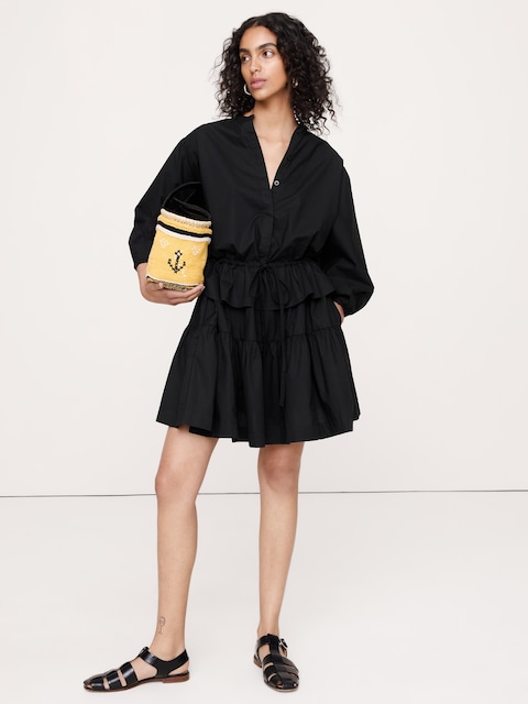 Cotton Poplin Drawstring-Waist Mini Dress