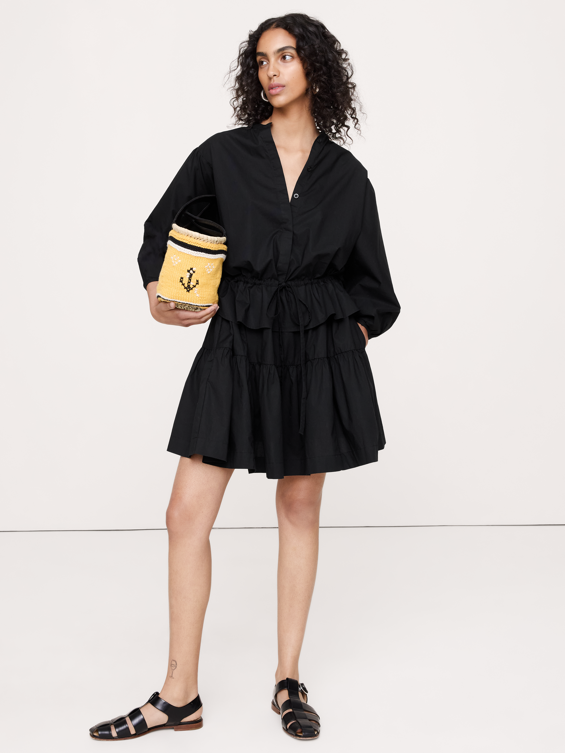 Cotton Poplin Drawstring-Waist Mini Dress