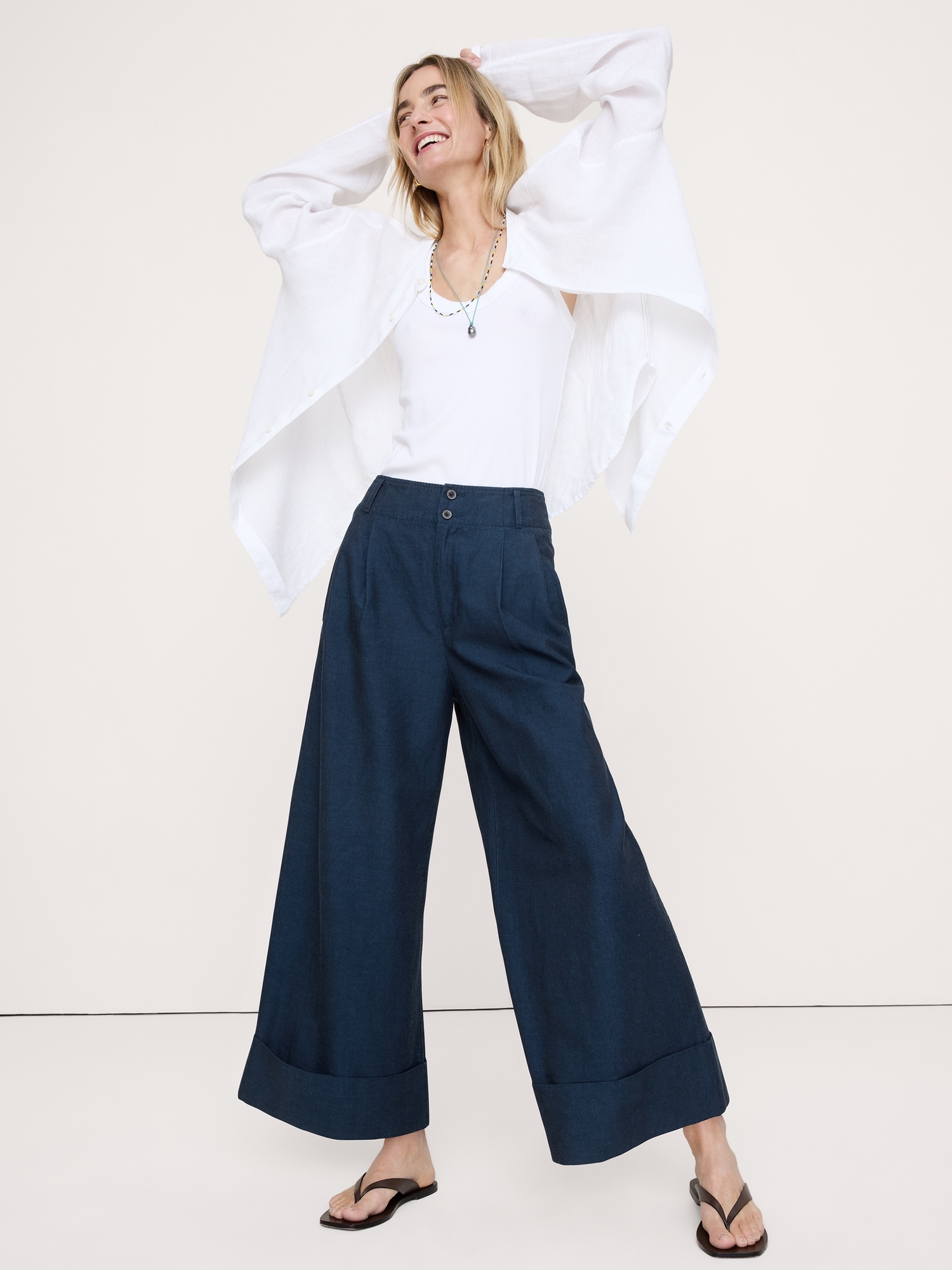 Image number 1 showing, High-Rise Wide-Leg TENCEL™-Cotton-Linen Cropped Pant